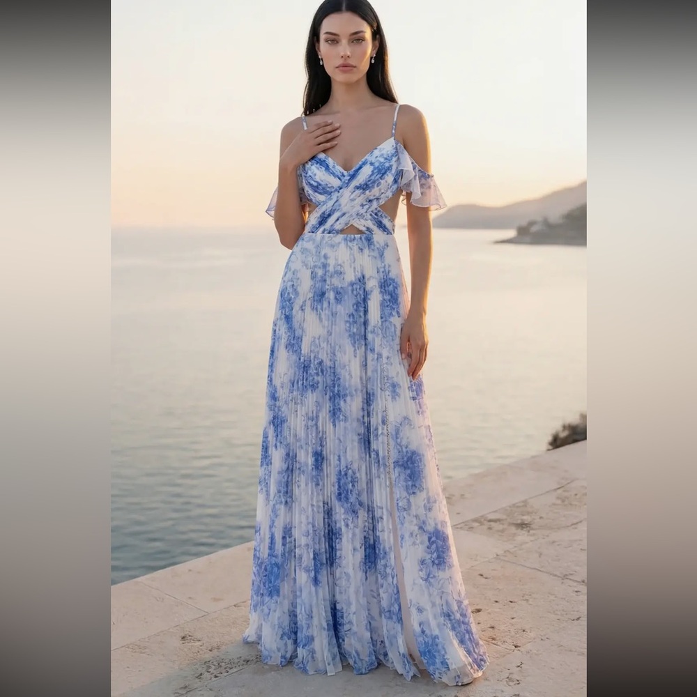 Blue Floral Cold-Shoulder Maxi Dress